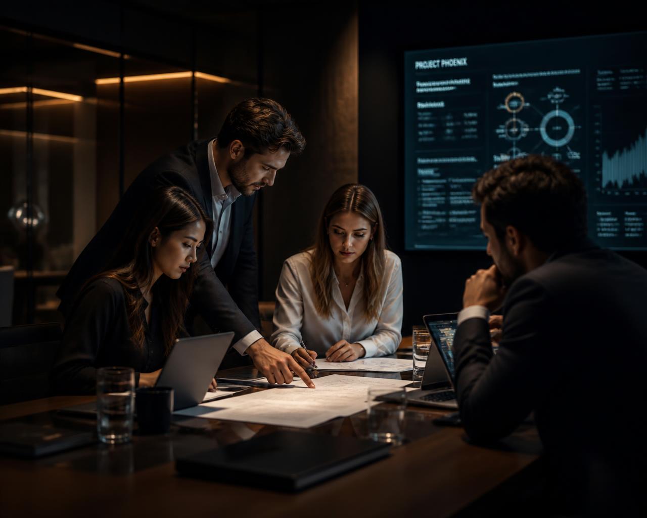 Equipe corporativa analisando dados em uma sala de reunião